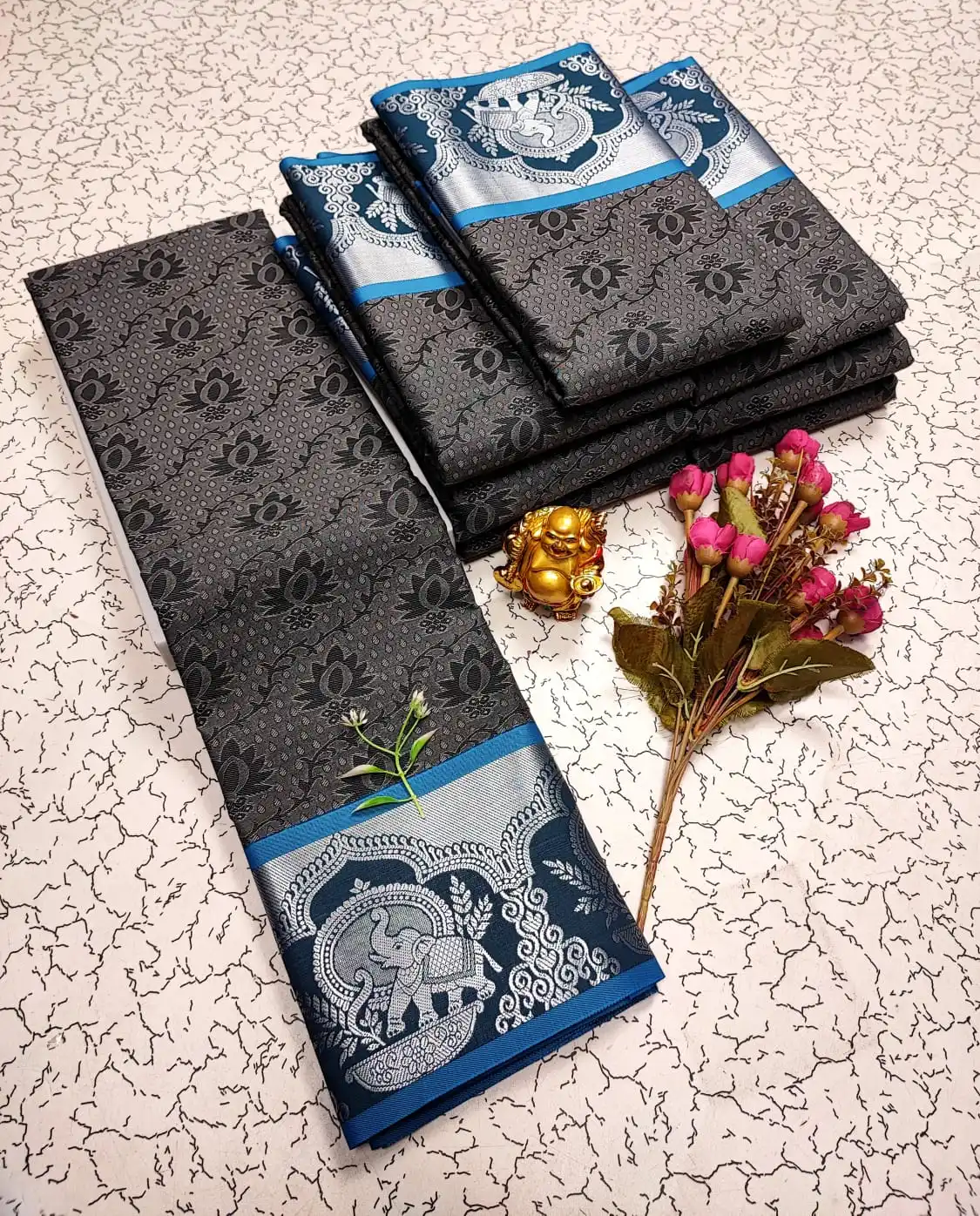 Charcoal Grey with Deep Peacock Blue Border Silver Zari Soft Silk Saree